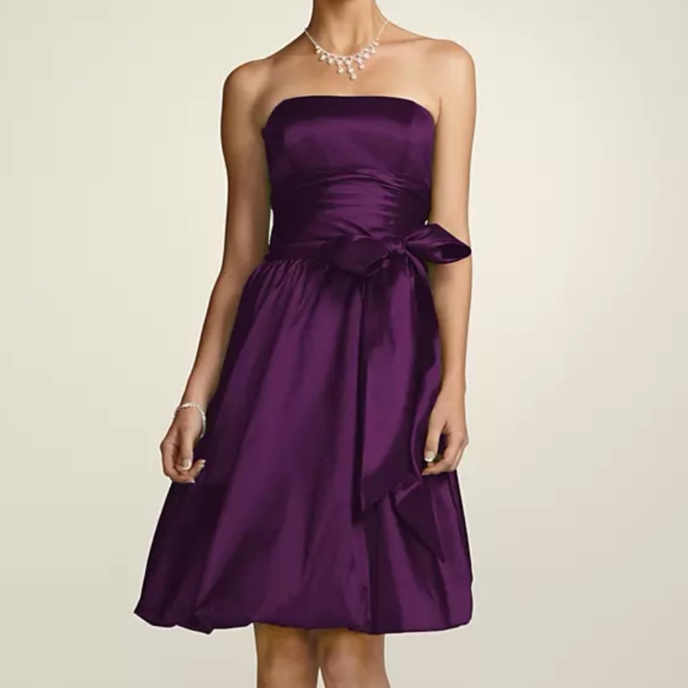 David's Bridal Strapless Flat Taffeta Bubble Hem Short Dress in Plum WORN ONCE